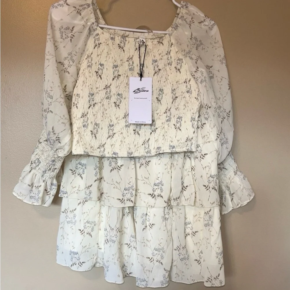 Womens White Blue Floral 2-Piece Set Off Shoulder Top + Skirt Cottagecore Boho S